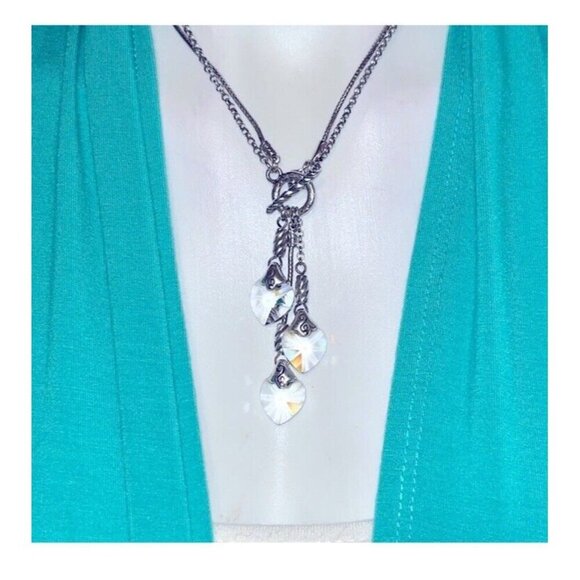 BRIGHTON Necklace Toggle Chain & 3 Dangling Crystal Hearts Matching earrings - Picture 2 of 10